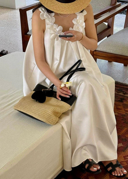 New White Floral Solid Cotton Maxi Dresses Sleeveless