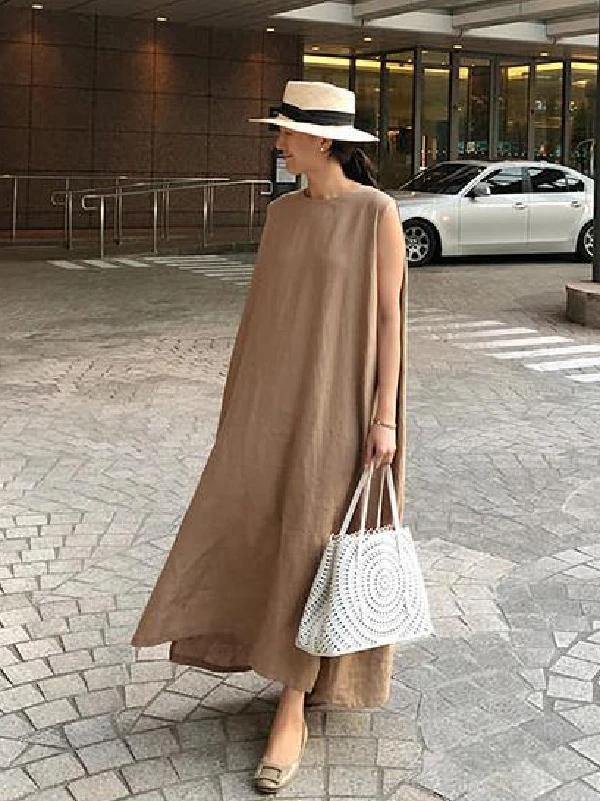 Bohemian O Neck Side Open Linen Cotton Clothes Fabrics Khaki Dress