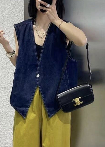 Vintage Navy Patchwork Button Denim Waistcoat Sleeveless