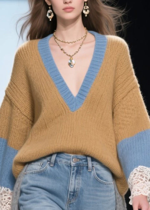 Casual Brown Low High Design Patchwork Long Sweaters Winter