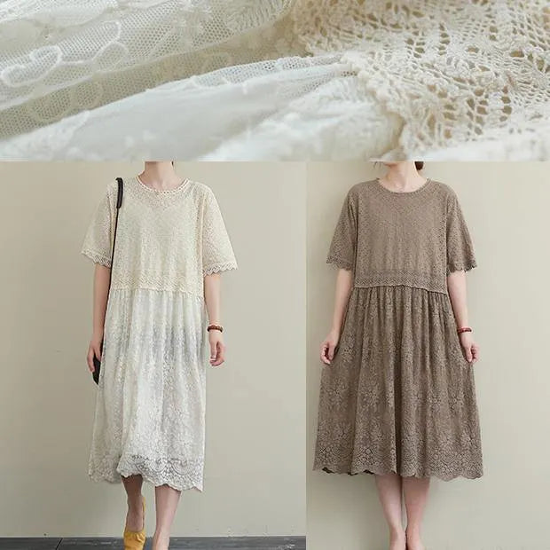 Elegant chocolate embroidery cotton Tunics patchwork hollow out Maxi Dress