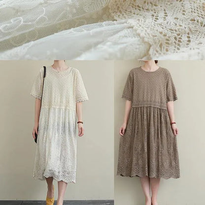Elegant chocolate embroidery cotton Tunics patchwork hollow out Maxi Dress
