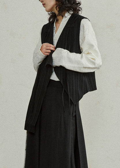 Unique Black V Neck Asymmetrical Wrinkled Waistcoat Sleeveless
