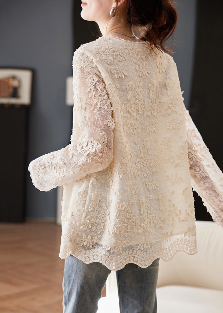 Casual Beige Embroidered Nail Bead Lace Up Chiffon Shirt Spring
