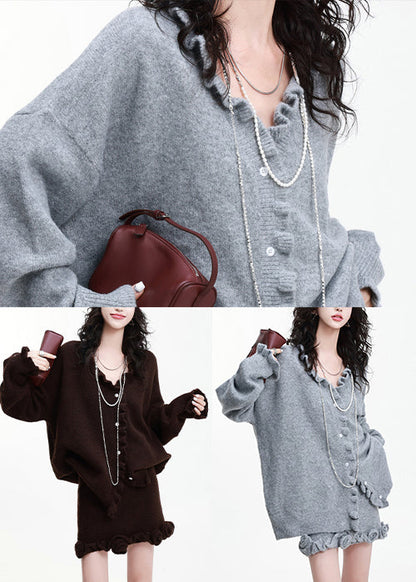 Chic Grey Ruffled Flower Decorated Knit Cardigan And Skirt 2 Piece Outfit Winter