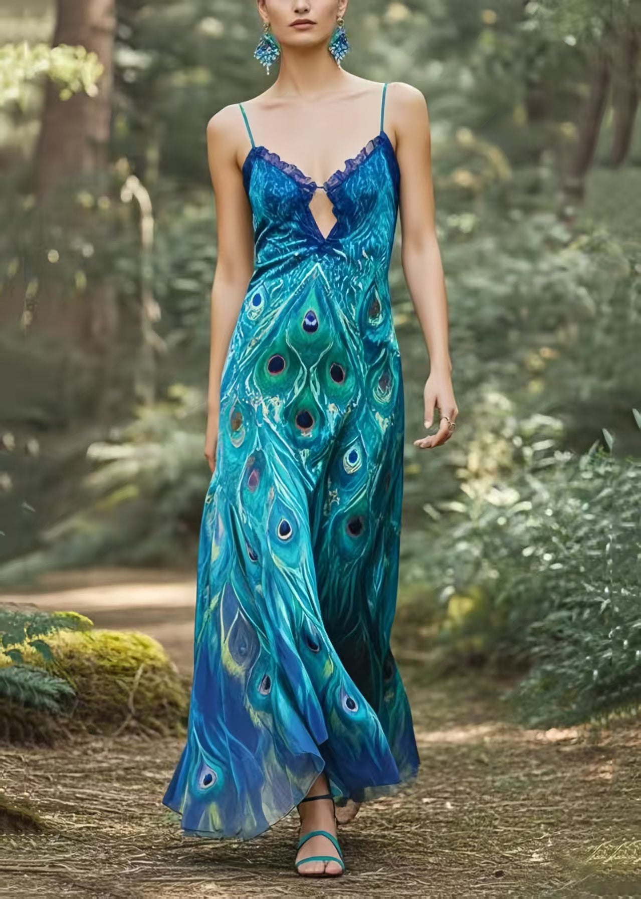 Bohemian Peacock Blue Print Silm Fit Chiffon Dance Dress Summer