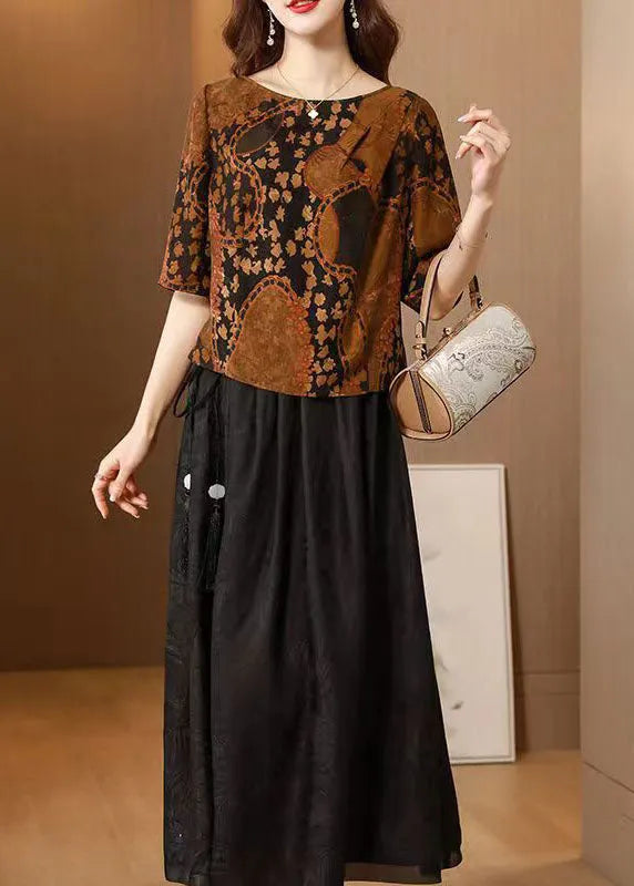 Beautiful Chocolate O-Neck Print Silk Tops And Skirts Two Pieces Set Summer