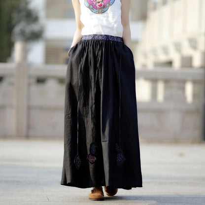 Cozy Ethnic Linen Tassel Embroidery Loose Skirt