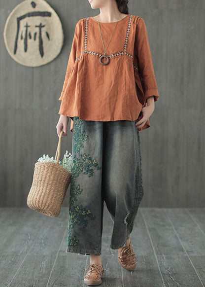 Vintage Blue Embroideried Cotton Ripped Jeans Pants Fall