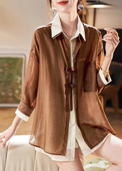 Organic Coffee Patchwork Fake Two Pieces Chiffon Shirt Spring