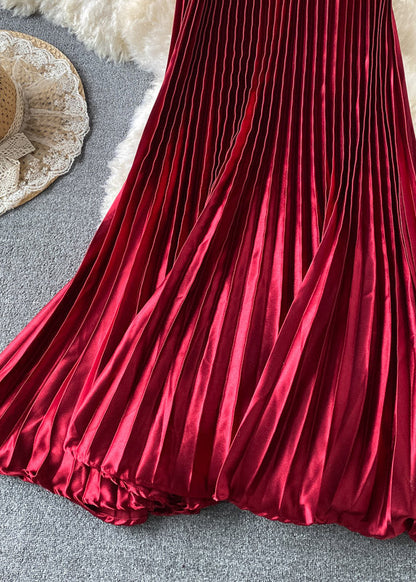 Bohemian Mulberry Satin Elastic Waist Pleated Skirts Spring