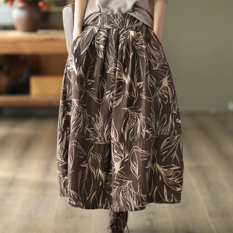 Vintage Printed Cotton And Linen Slim Elastic Waist A-Line Skirt
