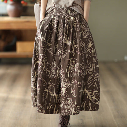 Vintage Printed Cotton And Linen Slim Elastic Waist A-Line Skirt