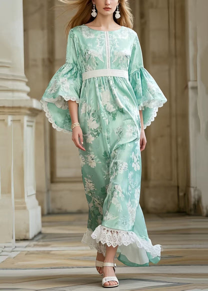 Casual Light Green Print Tunic Patchwork Lace Party Dress Flare Sleeve
