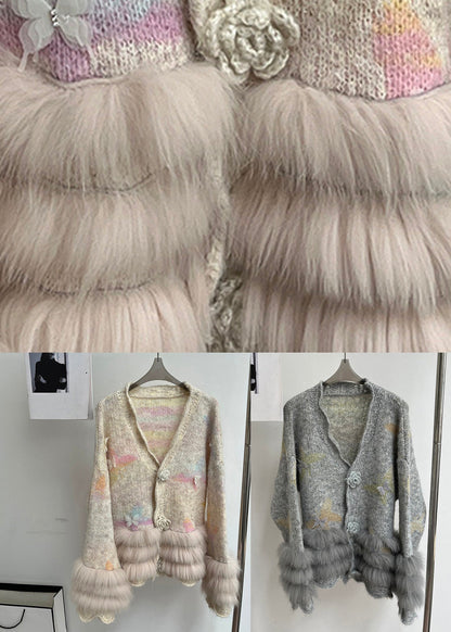 Modern Light Grey V Neck Fur Floral Cotton Knit Cardigans Fall