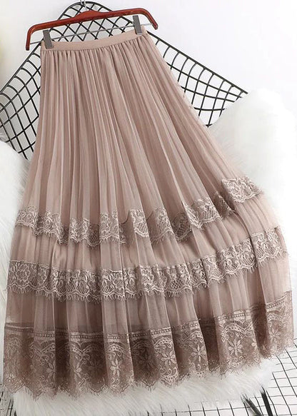 Fashion Brown High Waist Tulle Maxi Skirts Woman Mesh Lace Patchwork