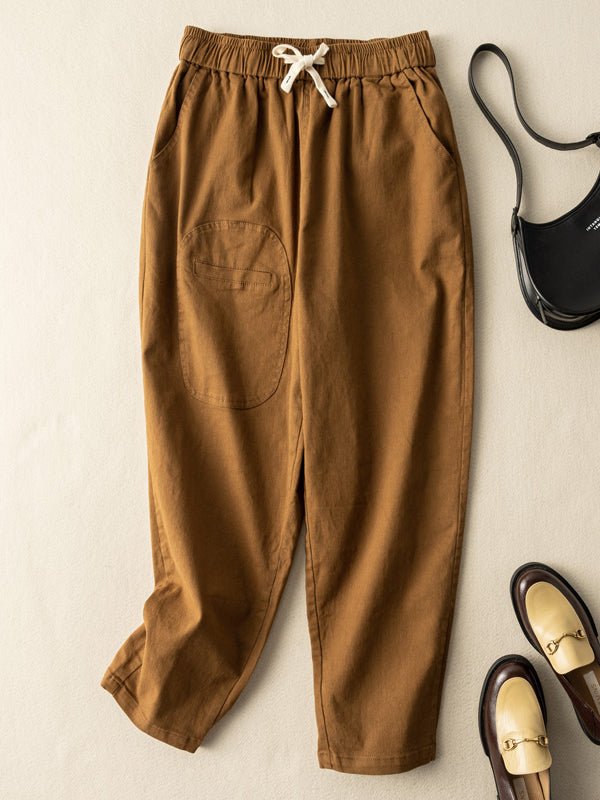 100% Natural Fabric Casual Loose Harem Pants With Pockets In Solid Color