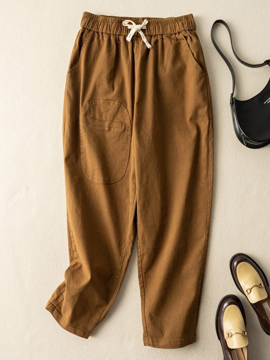 100% Natural Fabric Casual Loose Harem Pants With Pockets In Solid Color