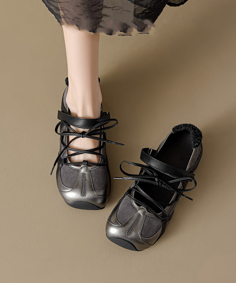 Women Splicing Platform Flat Shoes Black Cowhide Leather Lace Up