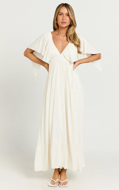 Lyrad Midi Dress - Linen Empire Waist Textured Dress In White