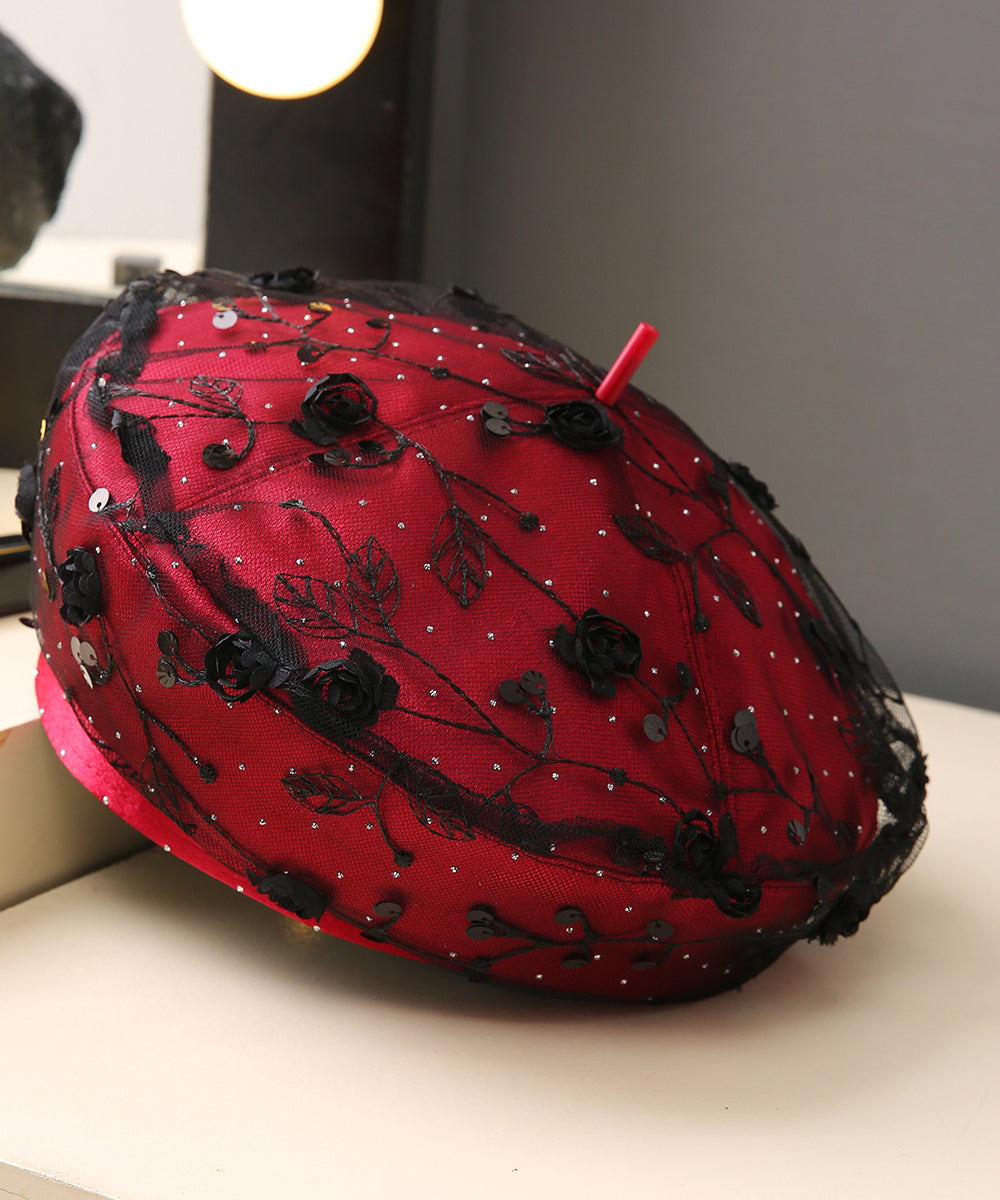 Chic Red Sequins Floral Lace Beret Hat
