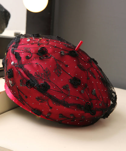 Chic Red Sequins Floral Lace Beret Hat