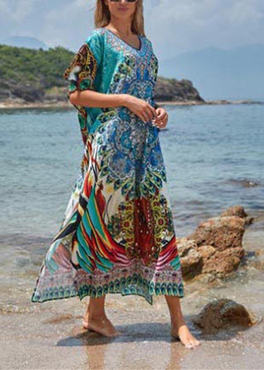 Elegant Blue Print Cotton V Neck Beach Gown Ankle Dress