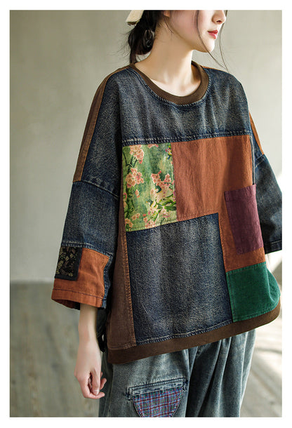 Vintage Plus Size Print Denim Panel Doll Sleeve T-Shirt