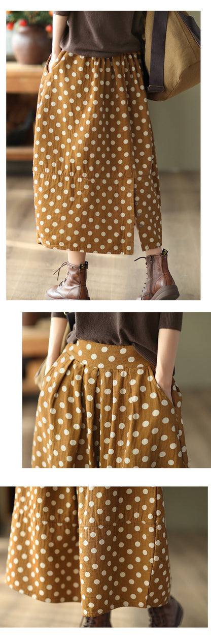 Vintage Printed Cotton And Linen Slim Elastic Waist A-Line Skirt