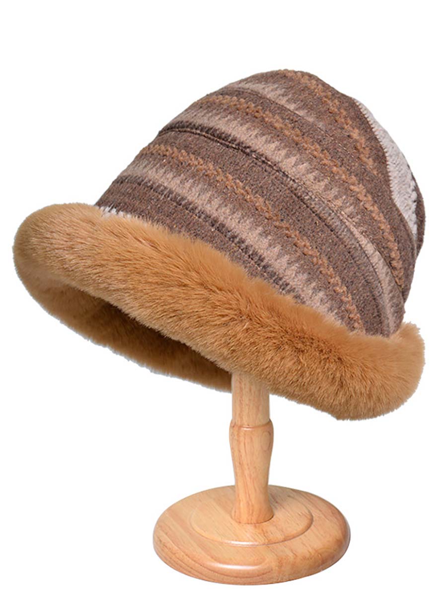 Women Winter Knitted Wool Liner Hat-Khaki-Black