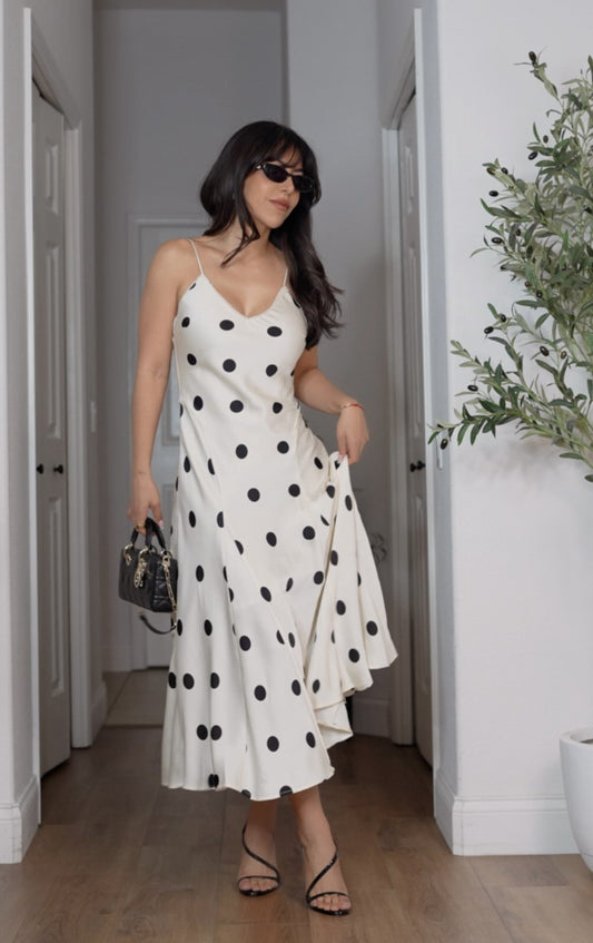 French Retro Polka Dot Satin Cami Midi Dress | Elegant V-Neck Waist-Cinching Slimming Dress