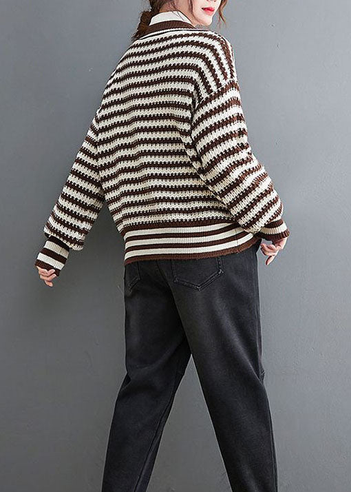 Boho Coffee V Neck Striped Cozy Knit Coat Outwear Spring