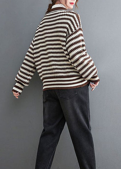 Boho Coffee V Neck Striped Cozy Knit Coat Outwear Spring
