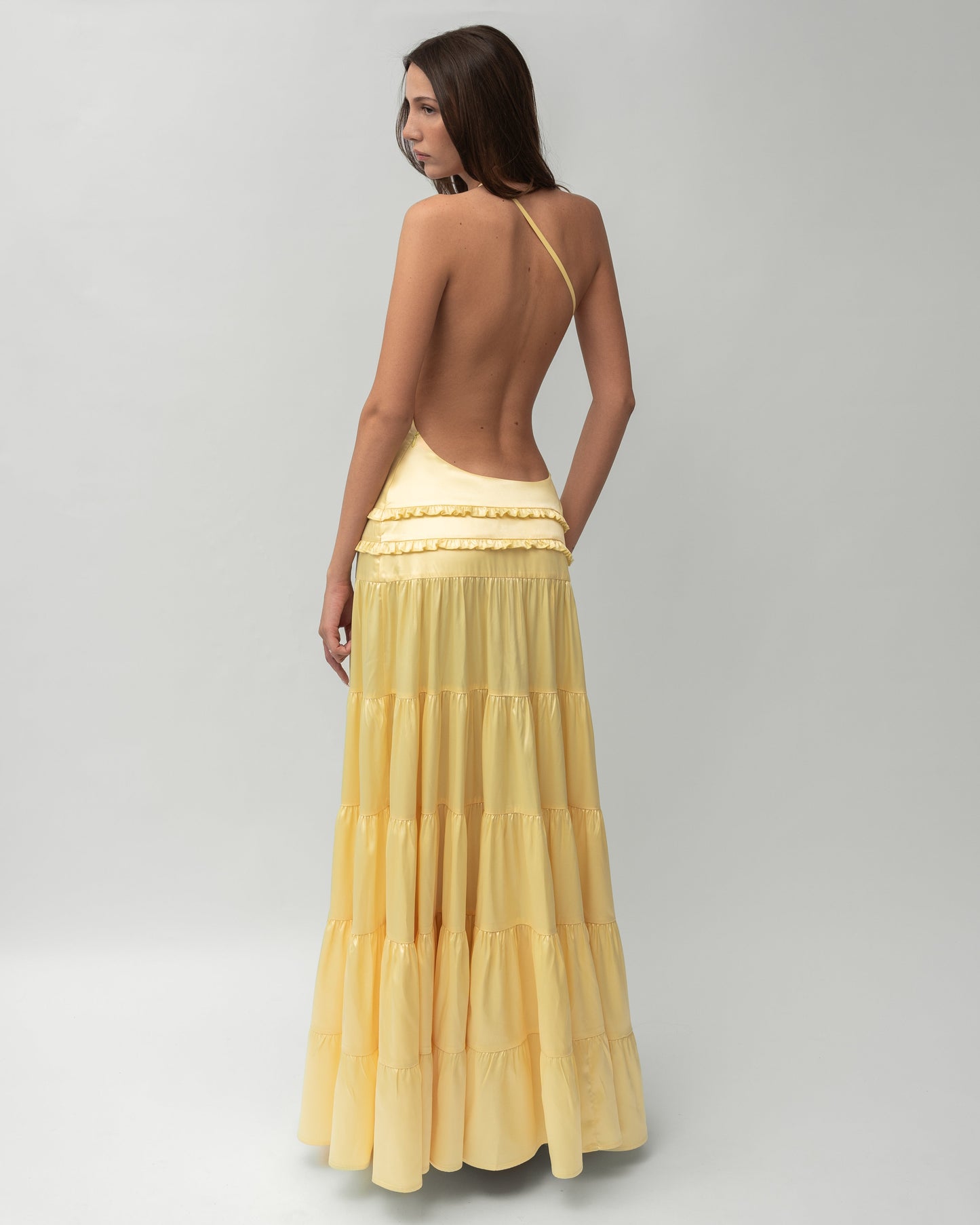 One-Shoulder Open-Back Satin Tiered Maxi Dress