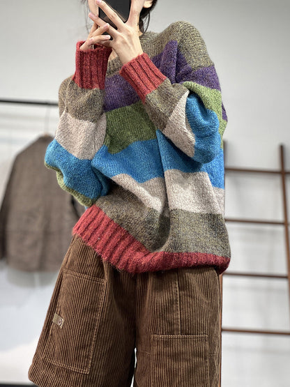 Rainbow Striped Knit Insulated Crewneck Sweater