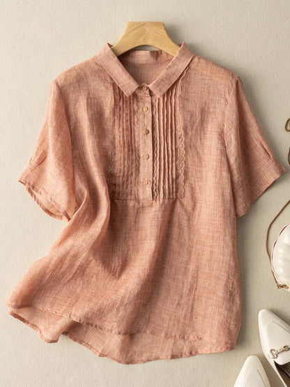 Solid Color Short Sleeve Casual Linen Pleated Top