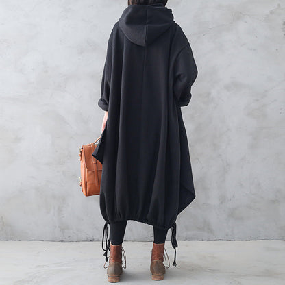 Women Retro Loose Autumn Winter Solid Hooded Dress