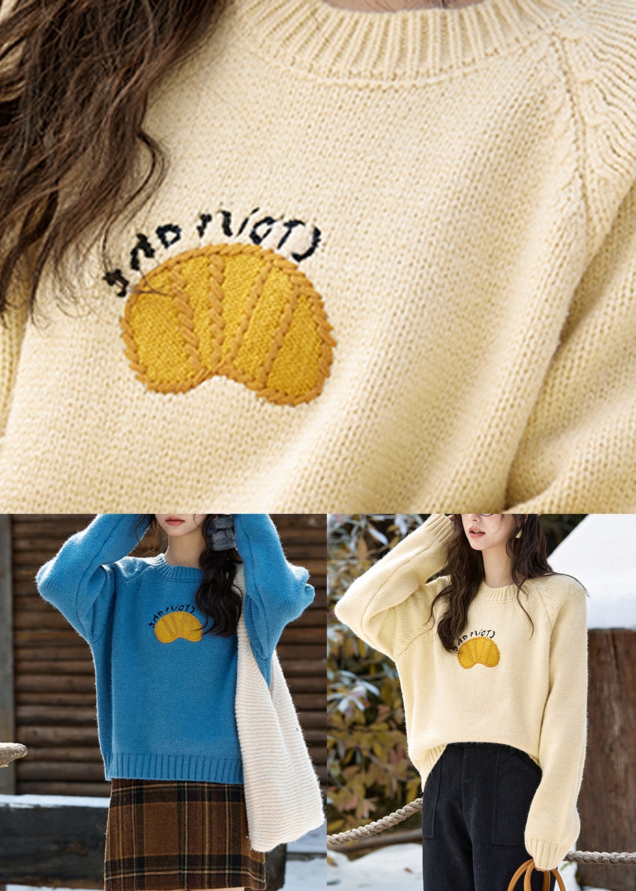 Blue O-Neck Patchwork Cozy Cotton Knit Sweater Fall