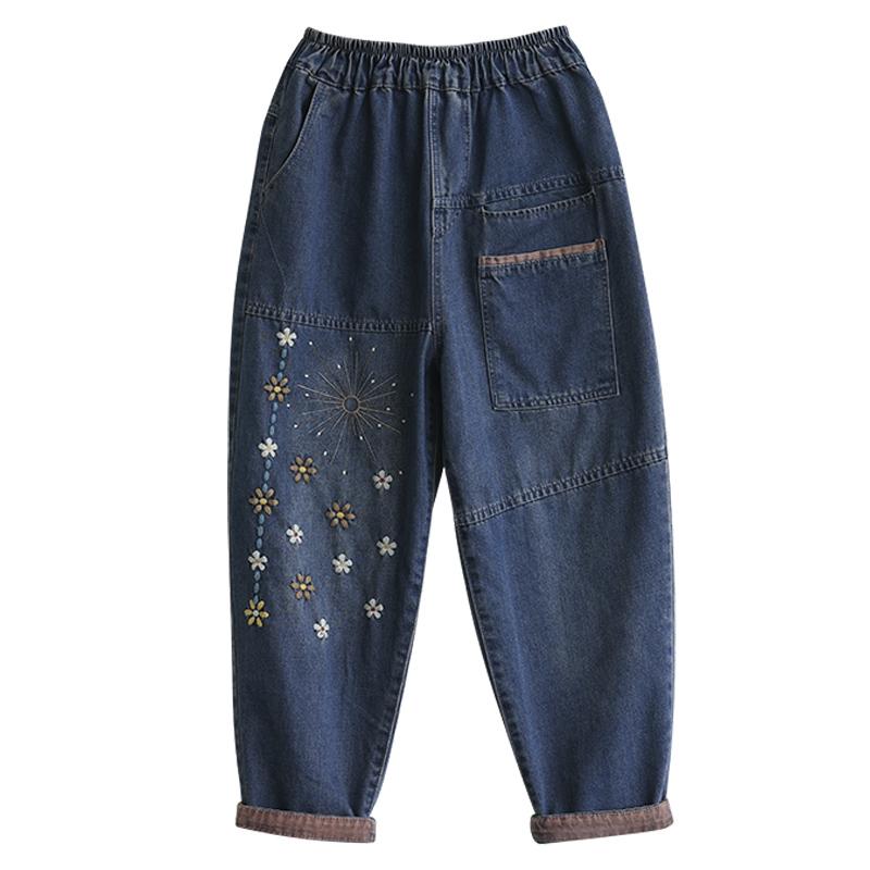 Floral Embroidery Loose Retro Casual Cotton Denim Pants