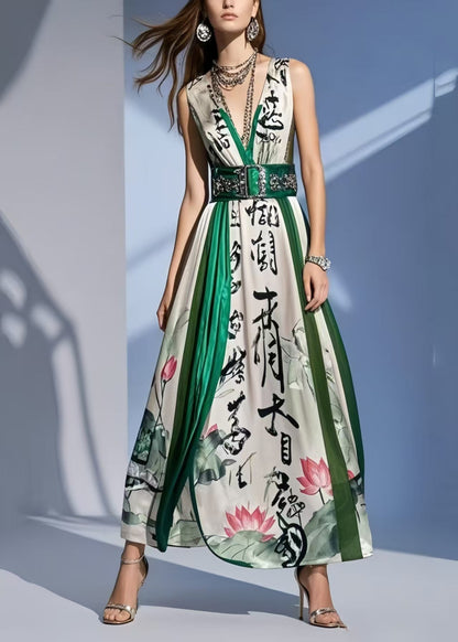 Boho White Print Draping Silk Tunic Dresses Sleeveless
