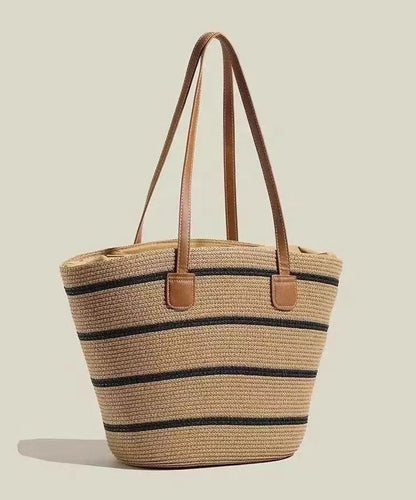 Modern Khaki Striped Large Capacity Straw Woven Tote Handbag