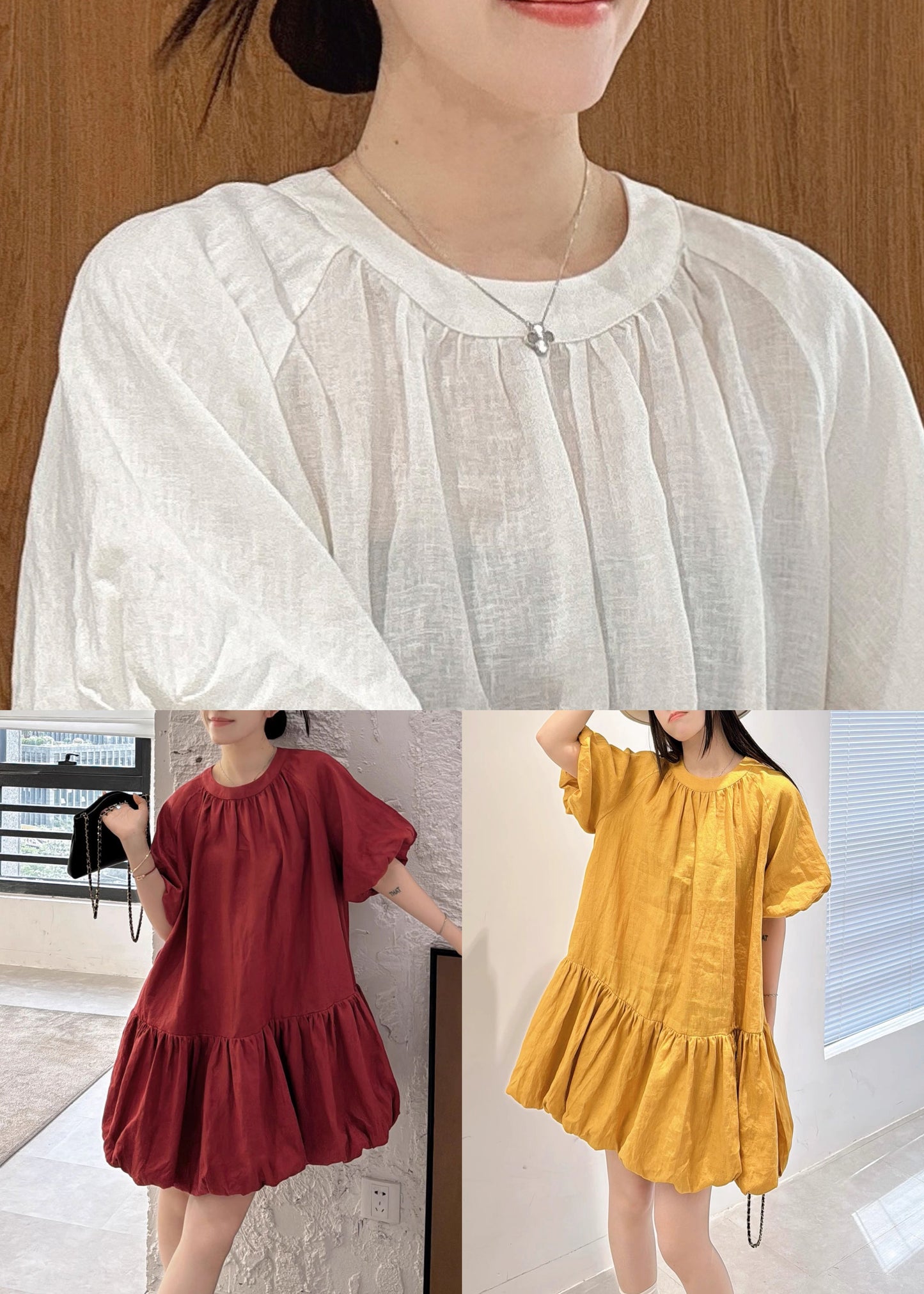 Elegant White Wrinkled Solid Linen Mid Dress Puff Sleeve