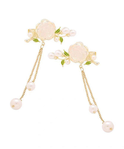 Cute White Alloy Colored Glaze Camellia Pearl Tassel A Pair Hairpin