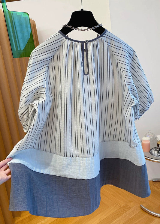 Loose O-Neck Striped Button Patchwork Cotton Shirt Summer