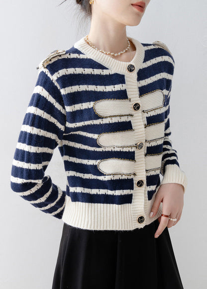 Boho Navy O-Neck Striped Knit Cardigan Spring