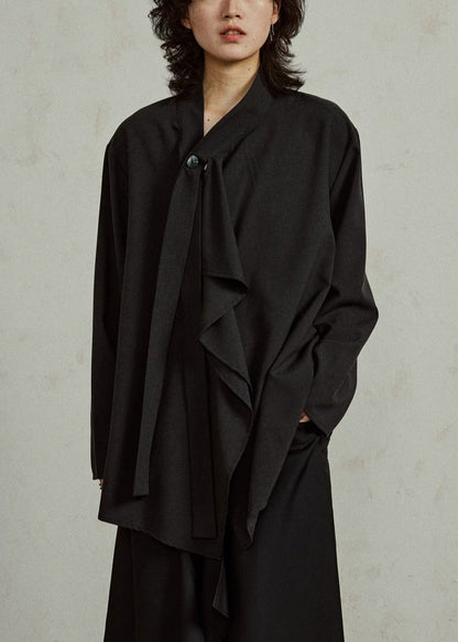 French Black V Neck Solid Shirts Long Sleeve