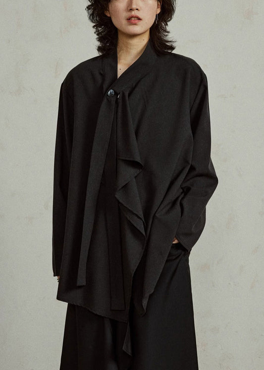 French Black V Neck Solid Shirts Long Sleeve
