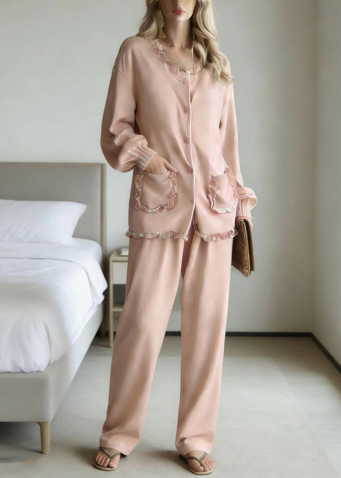 Cute Pink Ruffled Patchwork Pajamas Two Piece Set Long Sleeve