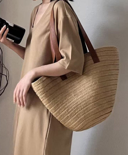 Art Khaki Large Capacity Straw Woven Womens Shoulder Bags