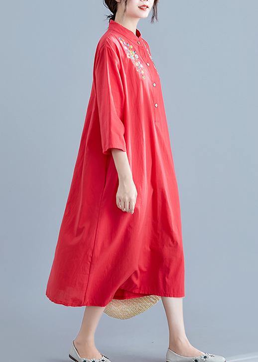 Elegant stand collar pockets cotton tunics for women Work Outfits red embroidery Maxi Dresses summer